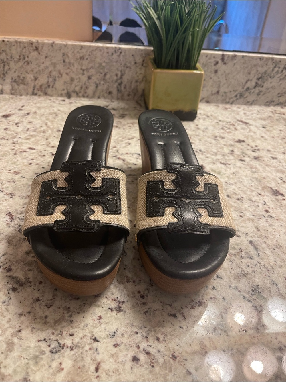 Tory Burch Black Leather Logo & Beige Canvas Platform Slides